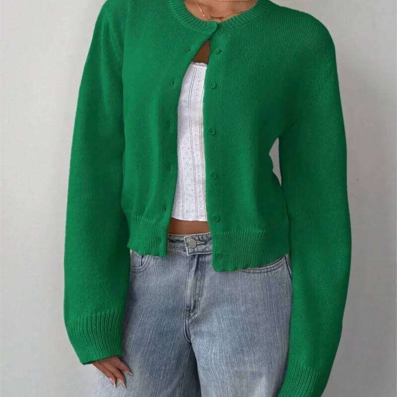 Autumn Winter Round Neck Threaded Long Sleeved Button Women's Cardigan Jacket Sweater Short Leisure Loose Solid Color Top Z260313
