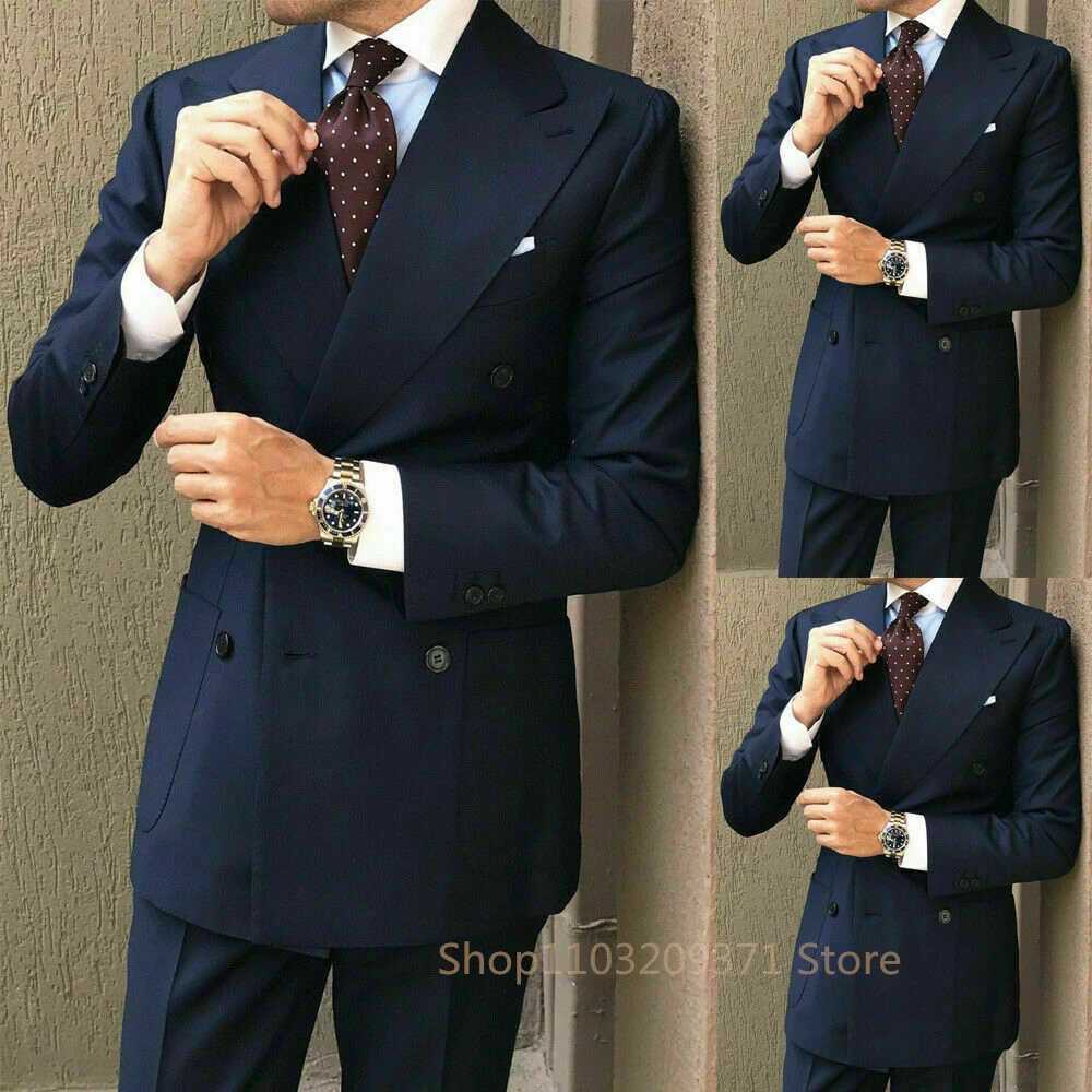 2024 New Men Casual Boutique Business Slim Solid Color Double Breasted Formal Suit 2 Pcs Set Dress Blazers Jacket Pants Trousers M260313