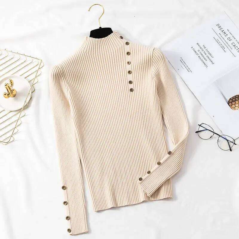 2025 Women Autumn Slim Sweaters Female Solid Knitted Cotton Soft Elastic Pullovers Button Full Sleeve Turtleneck Z260313
