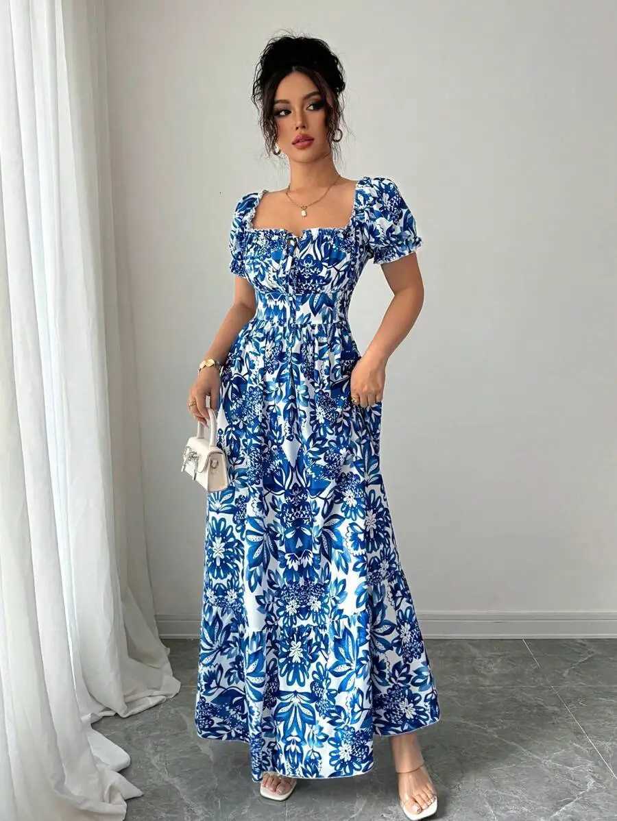 Elegant Womens Floral Print Bubble Sleeve Dress Blue Long Dress Front Tie Back Gathered Waist Casual VacationT260314