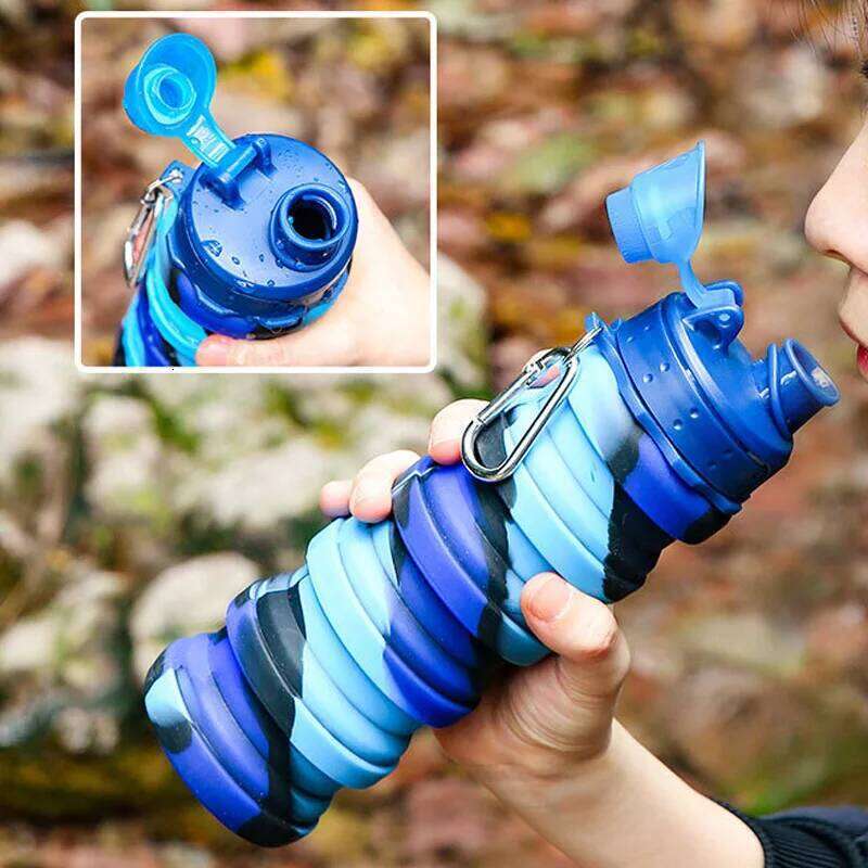 Outdoor Sports Silicone Foldable For Camouflage Creative Travel Reusable Leakproof Water Bottle With Carabiner Z260314
