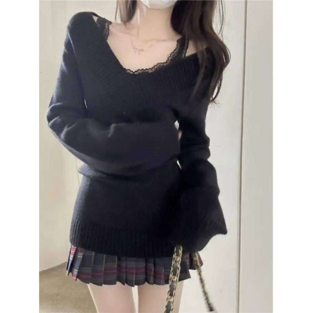 Women Retro V-Neck Slim Fit Long Sleeve Knitted Sweater Summer Soft Versatile Overhead Top Ins Commute Casual Wear Z260313