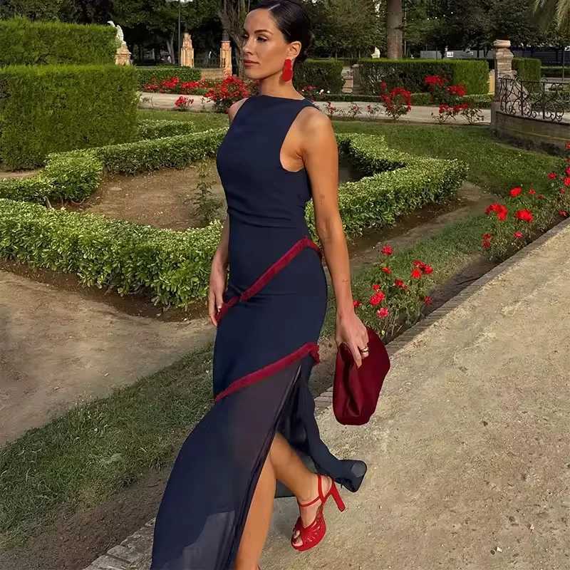 Tidalyf 2025 Women Color Block Backless Dress Sleeveless Round Neck with Fringe Trim and Sheer Chiffon Hem Sexy Party OutfitT260316