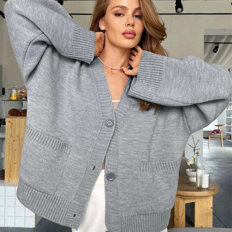 Yellow Knit Single Breasted Cardigan for Women Spring Autumn Loose V-Neck Sweater Coat Woman Warm Pockets Long Sleeve Cardigans Z260313