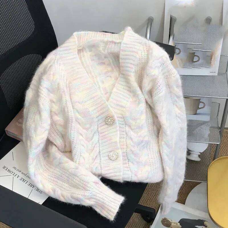 Korean Women Small Fresh Short Knitted Tops Coat 2025 Female V-neck Sweater Cardigan Spring Autumn Ladies Loose Knitting Jacket Z260313