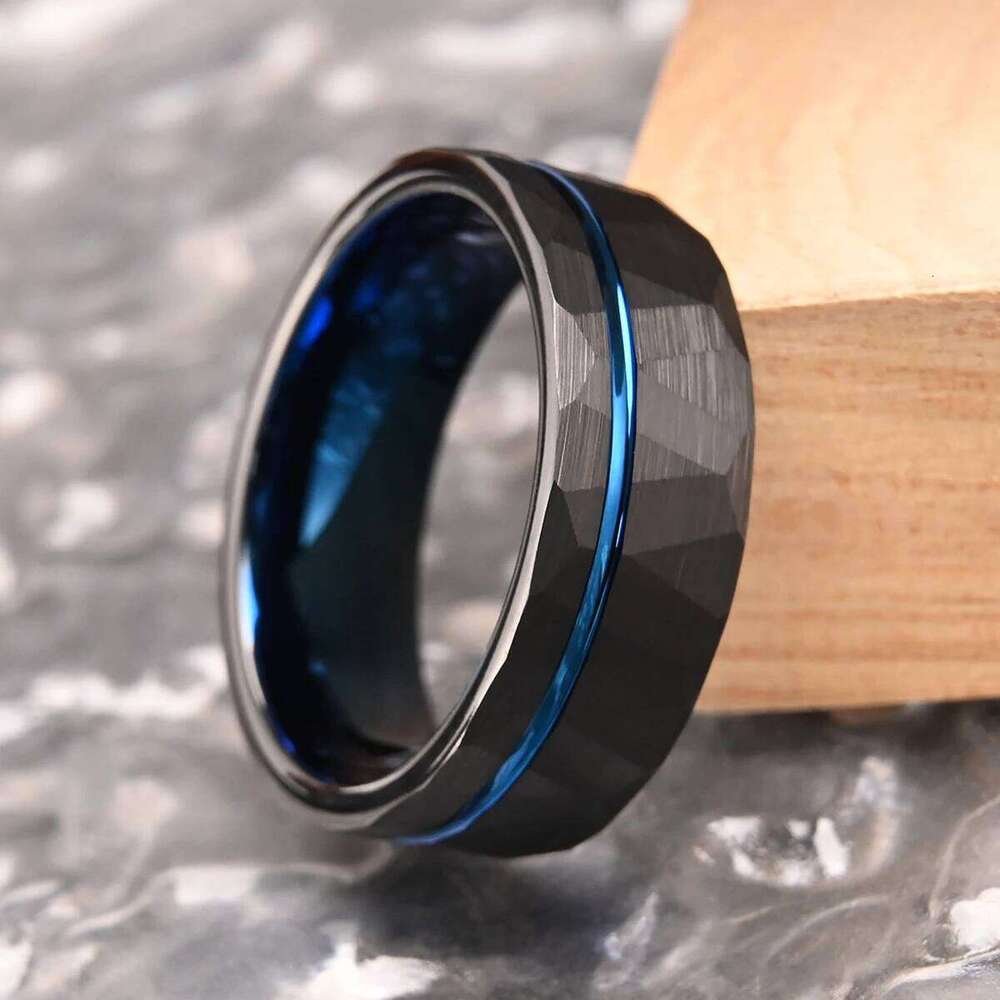 8mm black hammered tungsten steel blue men's wedding ring, fashionable and simple style comfort fit daily gathering H260312
