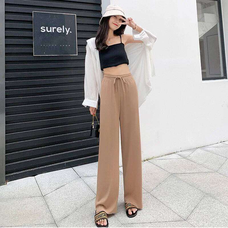 New Women Ankle-Length Wide Leg Casual Solid Elastic Waist Loose Ice Silk Pants Spring Summer Female Trousers