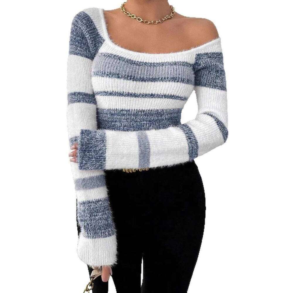 Sweater Pullover Women Knitted Top Stripe Print Square Collar Knitwear Autumn Winter 2025 Streetwear Vintage Knitting Jumpers Z260313