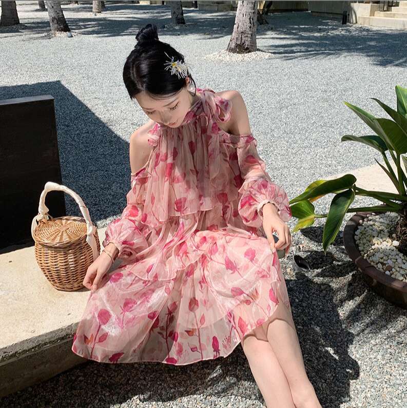 Designer Women's French Tea Break Seaside Vacation Beach Skirt Sweet Backless Collar Off Shoulder Loose A-line Chiffon Dress