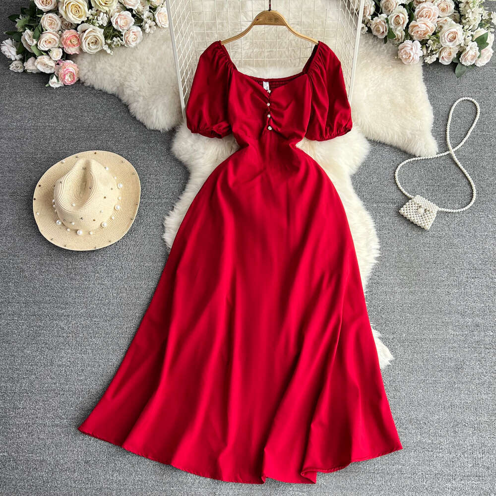 Designer wine red engagement dress French high-end style long skirt fluffy short sleeved square neck waist slimming A-line skirt