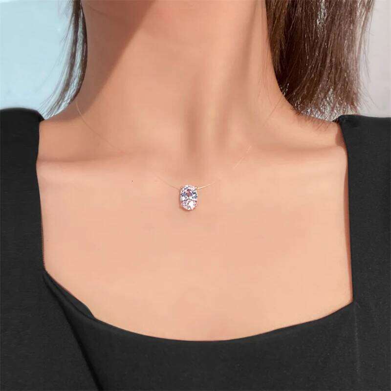 Cubic Zirconia Pendant Necklace Women Invisible Transparent Fishing Line Choker Oval Heart Star Geometric Necklaces H260312