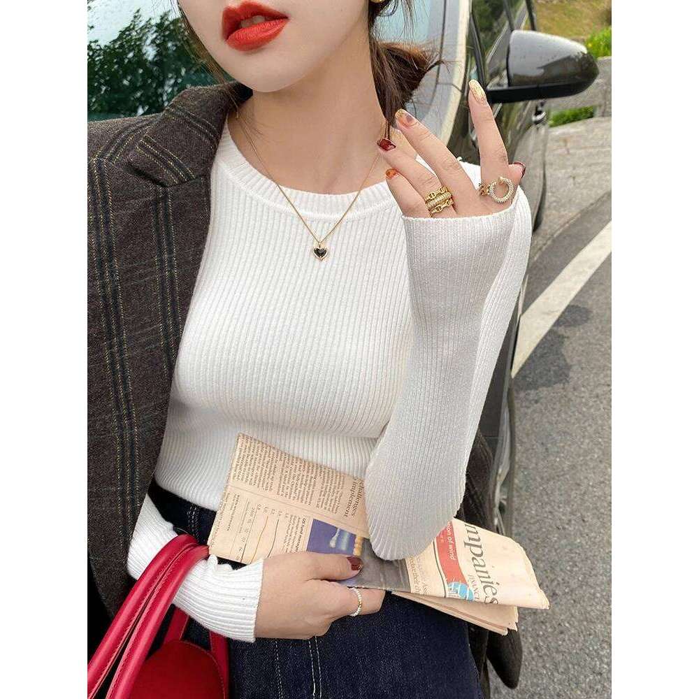 2025 Autumn Winter Women Sweater Fashion O-neck Slim Jumper Solid Long Sleeve Basic Pullovers Elastic Knitted Base Layer Tops Z260314