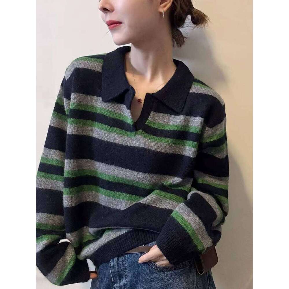 Contrast cashmere stripe new autumn sweater slim long sleeve pullover popular commuting style comfortable. Z260313