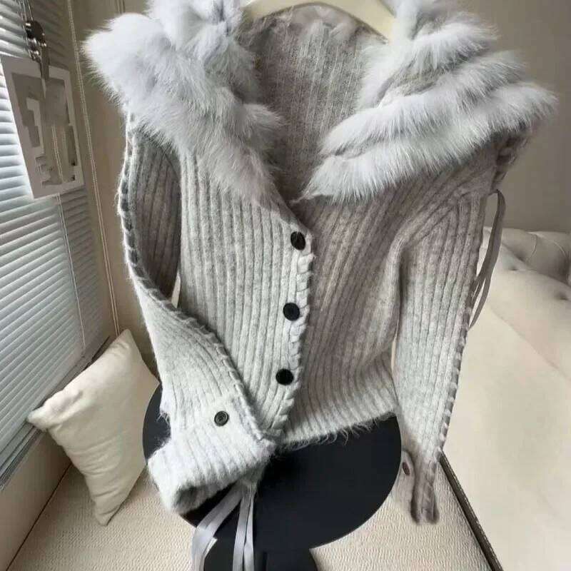 Fur Patchwork Turn Down Collar Cardigan Coat Autumn Clothing Fashion Korean Knitted Sweater Y2k Single Breasted Tops Pull Femme Z260313