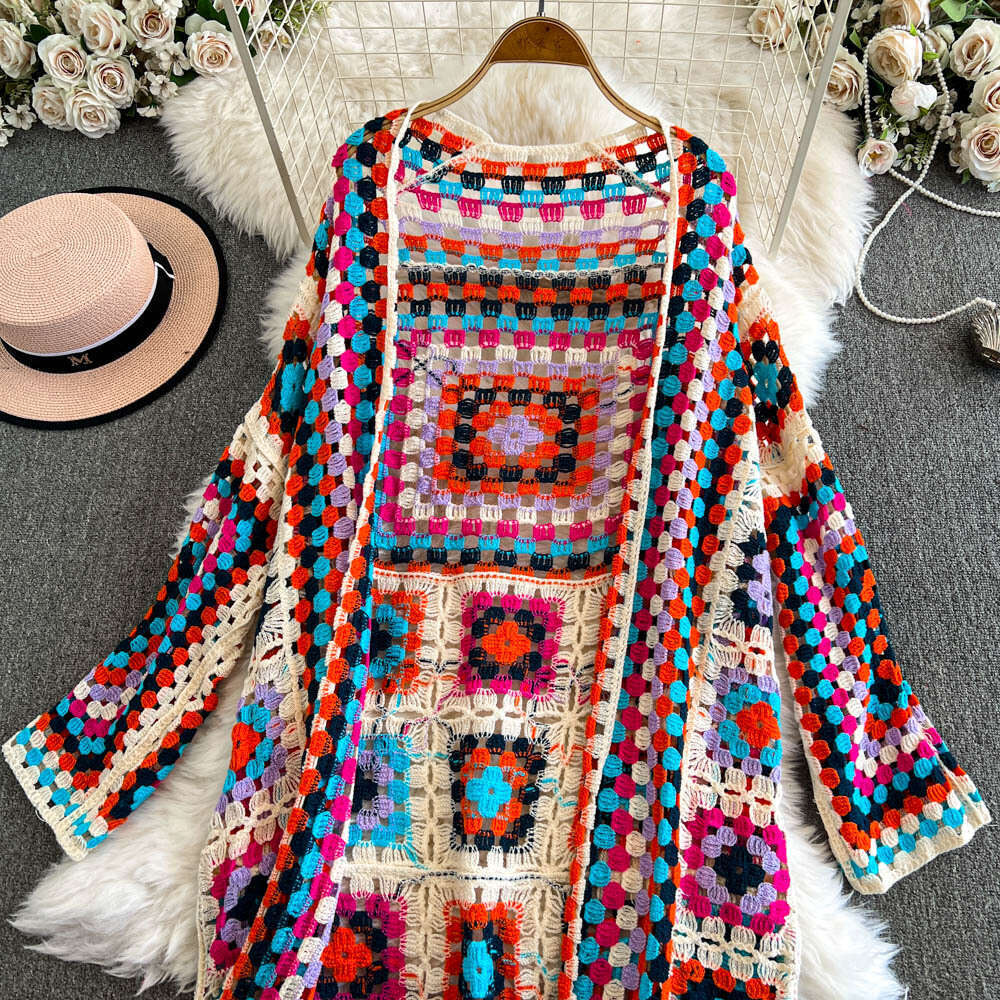 Designer ethnic style retro heavy-duty crochet hook design color blocked checkered knitted women's cardigan jacket