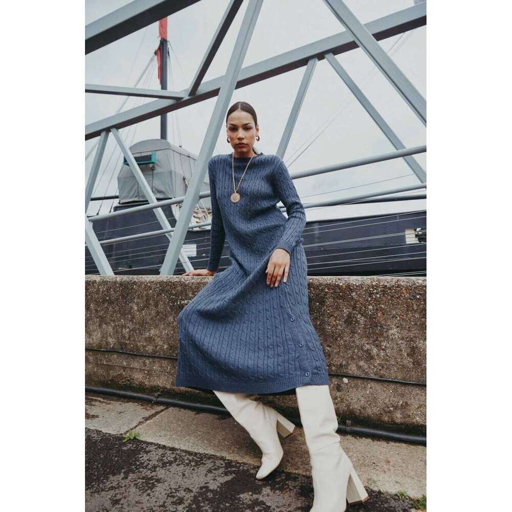 AS AW2025 cable knitting maxi dress soft Sweater round neck woman clothes with buttons Z260314