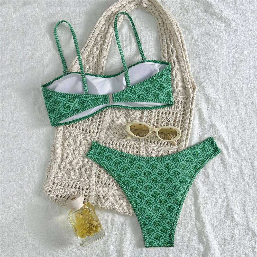 Green Vintage Floral Print Swimwear Bandeau Bikinis Sets Micro Thong Sexy Swimsuit Women 2026 Bathing Suit Bikini Mujer Biquinis Y260303
