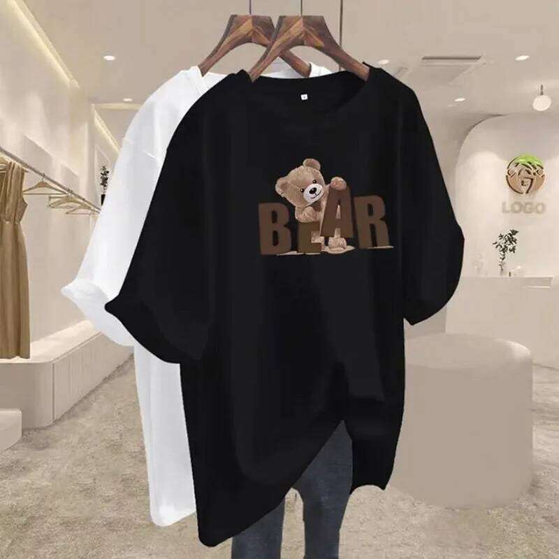 Summer Chic Letter Printing Bear T-shirt Women O-neck Short Sleeve Cotton Basic Top Tee Casual Loose Oversized Pullover 45-105Kg Z260314