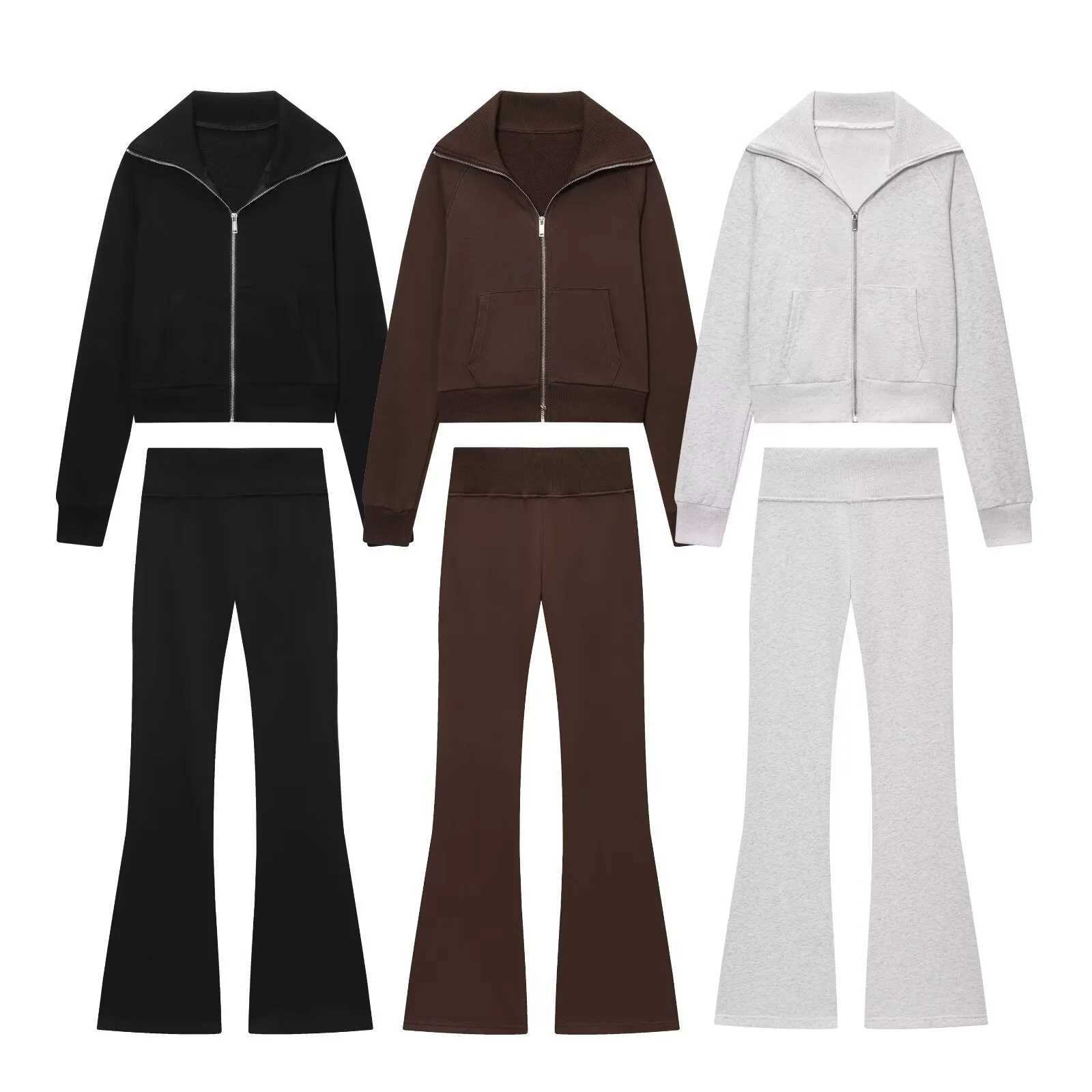 PRINTKAOIR 2026 Spring New Womens Casual Lapel Long-Sleeved Zipper Fleece Jacket High-Waisted Terry Flared Trousers M260313