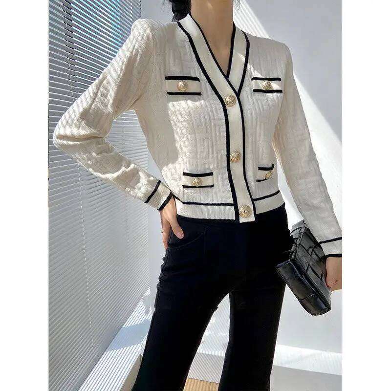 Spring Autumn New V-neck Long Sleeve Fashion Sweater Women High Street Casual Button Patchwork Cardigan Elegant Vintage Tops Z260313