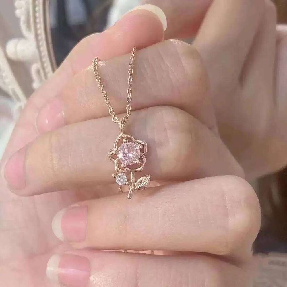1pc Gold Pink Diamond Rose Necklace Minimalist Fashion Jewelry, Stylish Pendant Chain Suitable for Daily Wear, Party & Gat H260312