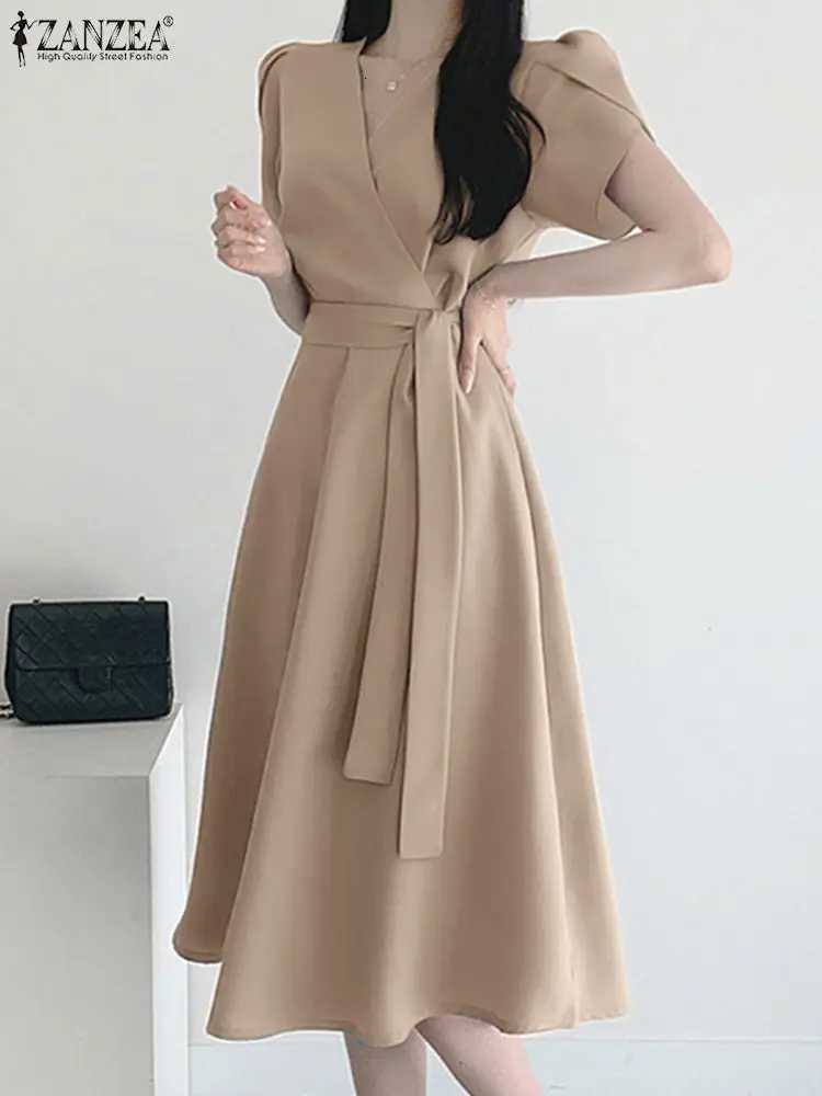 Women Fashion OL Work Sundress ZANZEA Elegant Summer Short Sleeve Dress Casual Solid A Line Vestido Kaftan Sarafans Robe FemmeT260316