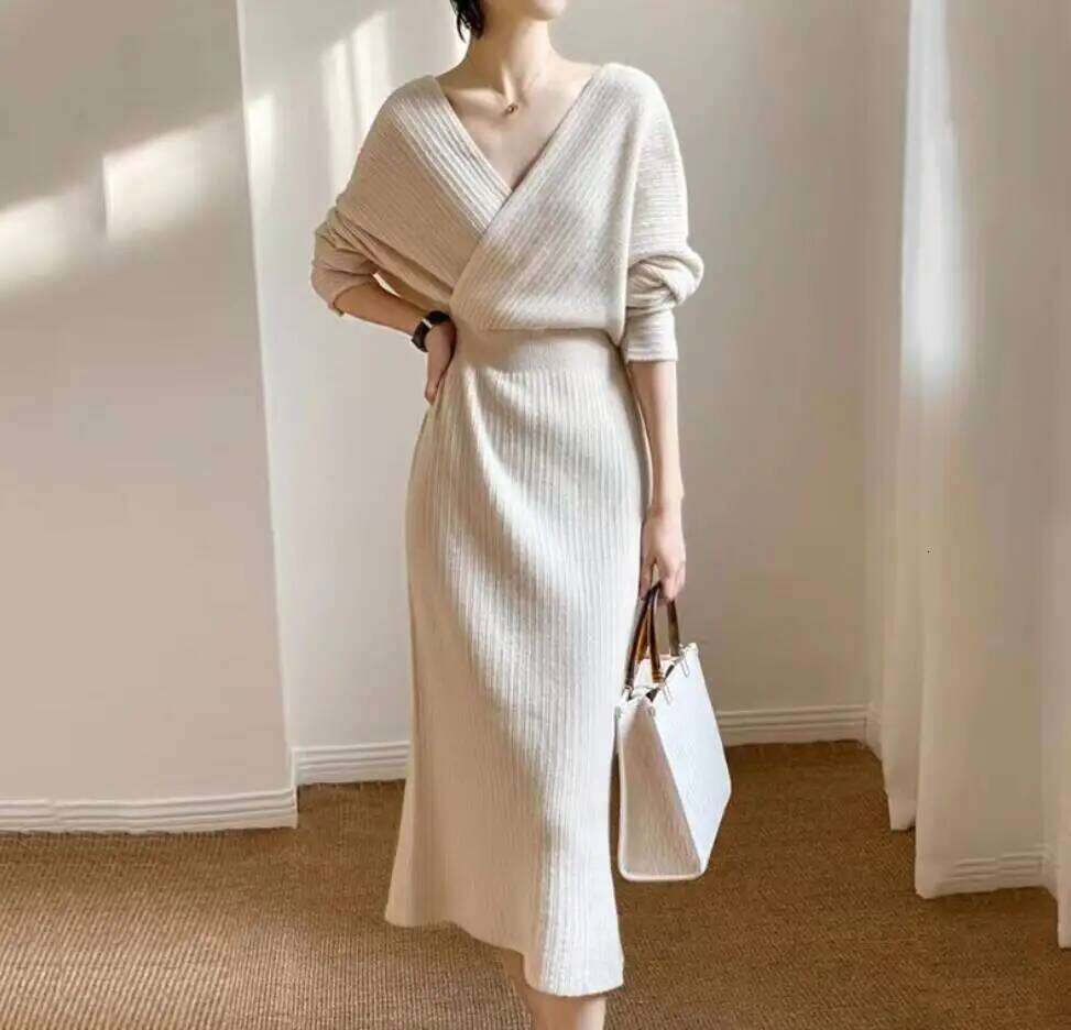 New Autumn/Winter Fashion Long Sleeve V-neck Knitted Solid Color Slim Fit Dress For Women,5 Colors Z260313