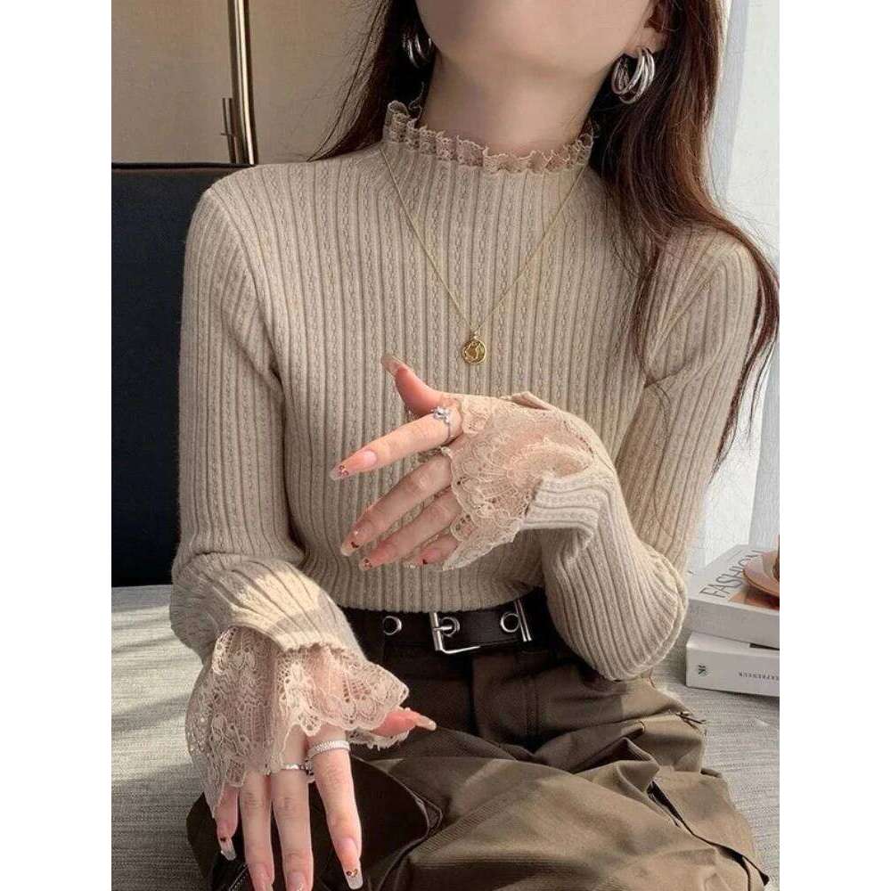 Autumn Winter Turtleneck Skinny Elastic Knitted Pullovers Women Solid Color Tops Female Long Sleeve Knit Patctwork Lace Sweater Z260314