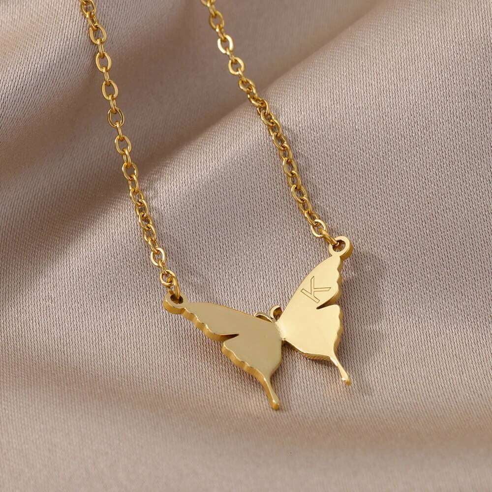 Stainless Steel Initial Letter Necklaces For Women Minimalist Gold Color Butterfly Name Necklace Wedding Jewelry BFF H260312