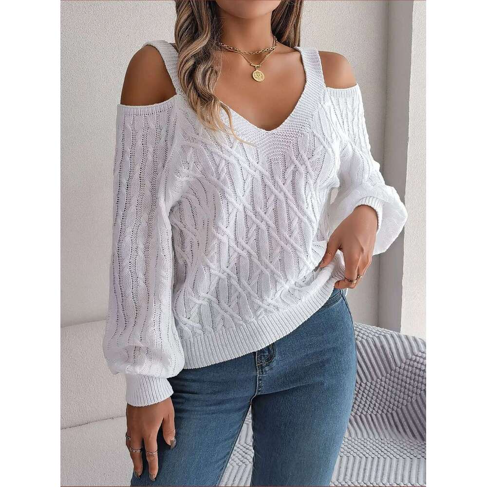 Women's Autumn Winter Casual Solid Color Off-Shoulder V-Neck Cable Knit Lantern Sleeve Pullover Sweater Top Z260313