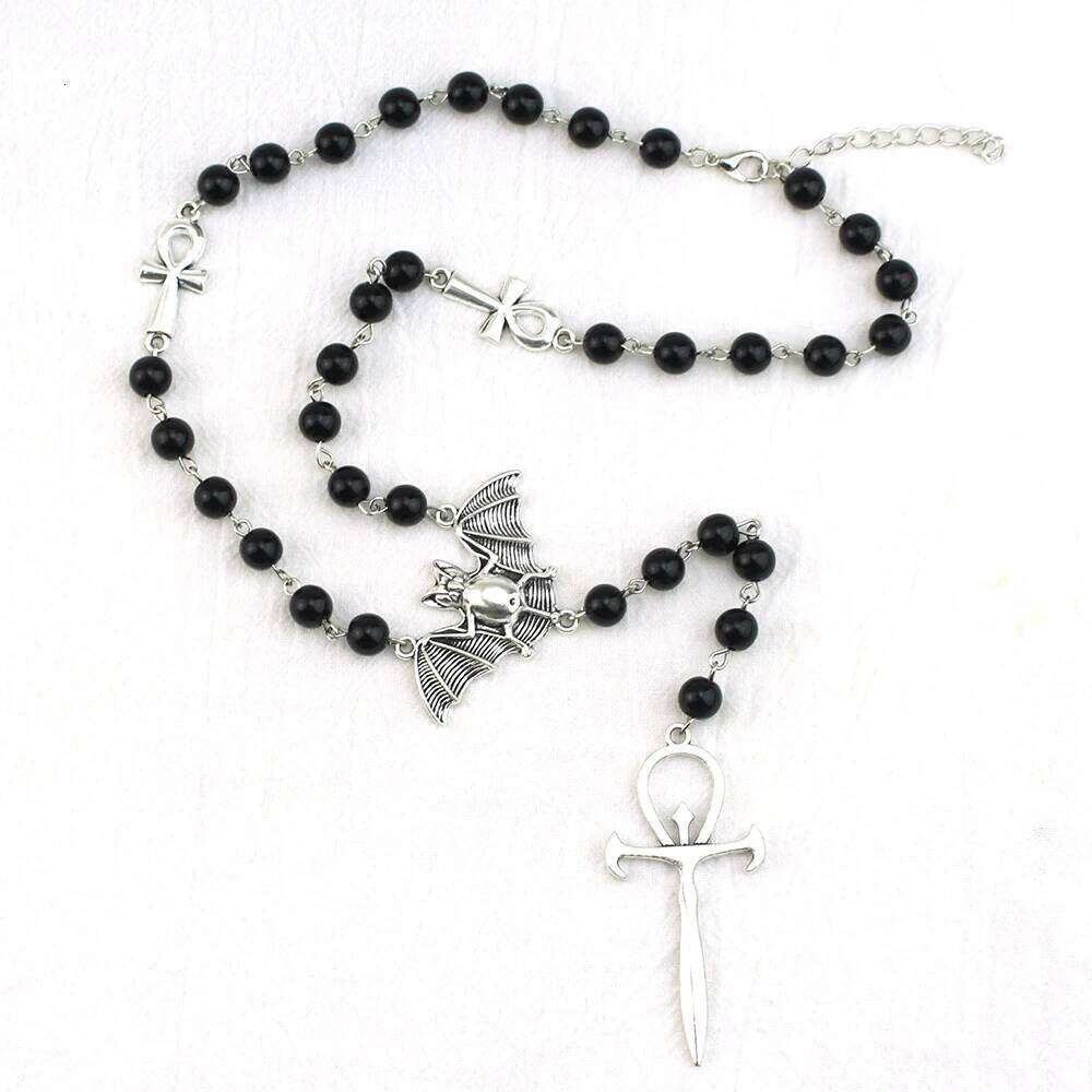 Gothic Vampire Ankh Rosary Occult Vamp Bead Punk Bat Cross Pendant Necklace Handmade Beaded Egyptian Jewelry H260312