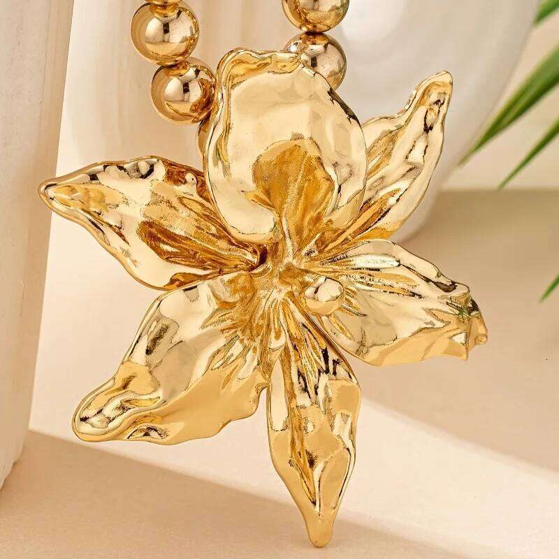 1pc Boho Beaded Chain Metal Large Volume Flower Pendant Necklace for Women Daily Occasion Party Evening Wear H260312