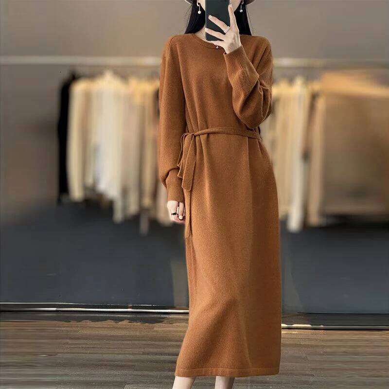 Autumn Winter Women Korean Fashion Lace-up Elegant Basic Knitted Dresses Solid O Neck Long Sleeve Loose Chic Sweater Dress Robe Z260313