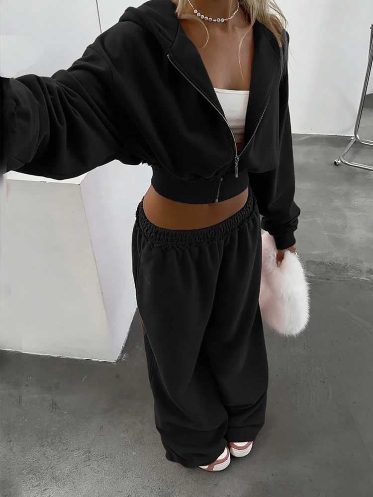 Kliou Casual Sporty 2 Piece Set Woman Zip Cardigan Full Sleeve Hooded Crop JacketElastic Waist Long Pants Daily Fashion Outfits M260313