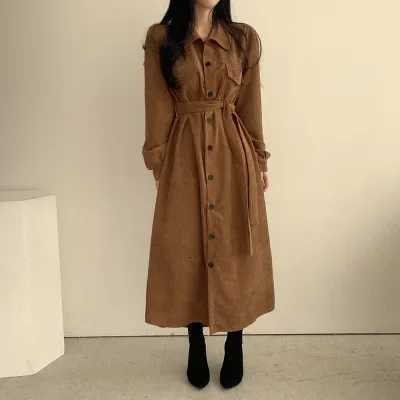 Korean Style Chic Autumn Winter French Vintage Turn-down Collar Single Button Waist-cinching Long Pure Color Corduroy Dress WomeT260314