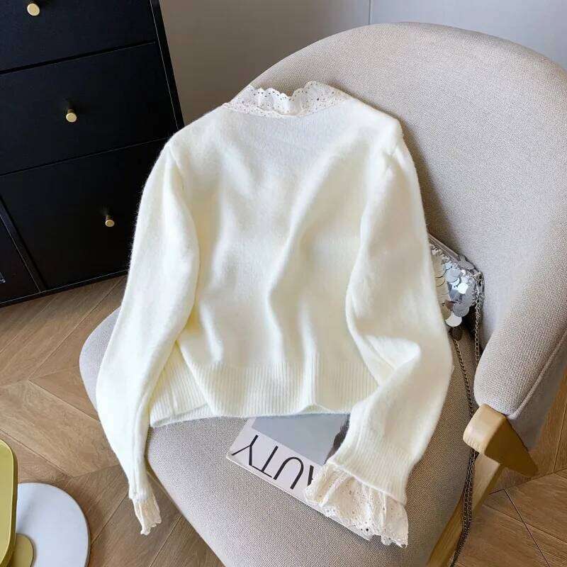 Lace Bow Knitting Cardigan Women Autumn Winter Elegant Slim Temperament Solid Color Sweater Coat Fashion All-match Knitwear Tops Z260313