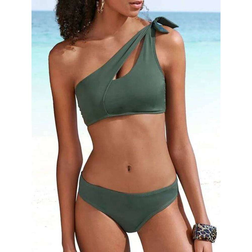 Bikini 2025 New Swimsuit Women Swimwear Solid Black One Shoulder Bikinis Set Bathing Suit Female Two Pieces Beach Wear Biquini Y260303