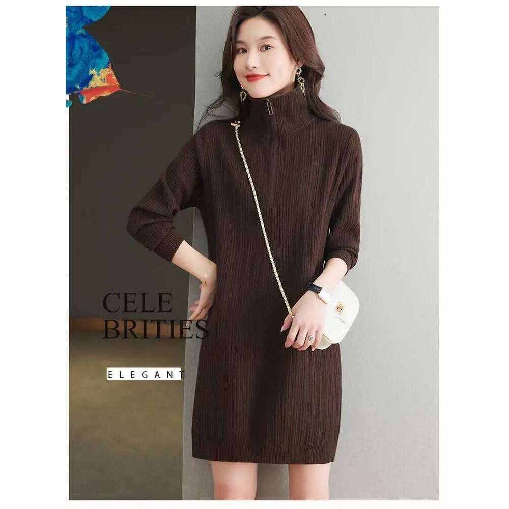 Red Knit Dress With Half Zipper Polo Neck Three Quarter Sleeve Loose Fit Casual Style For Women Autumn Winter Wear Z260313