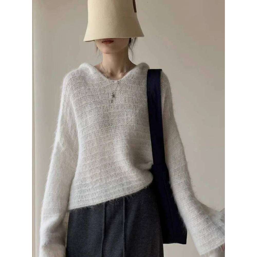 Korean Grey Lazy Style Hooded Knitted Sweater 2025 Autumn Winter Simple Casual Loose Pullovers Pure Color Versatile Tops Z260313