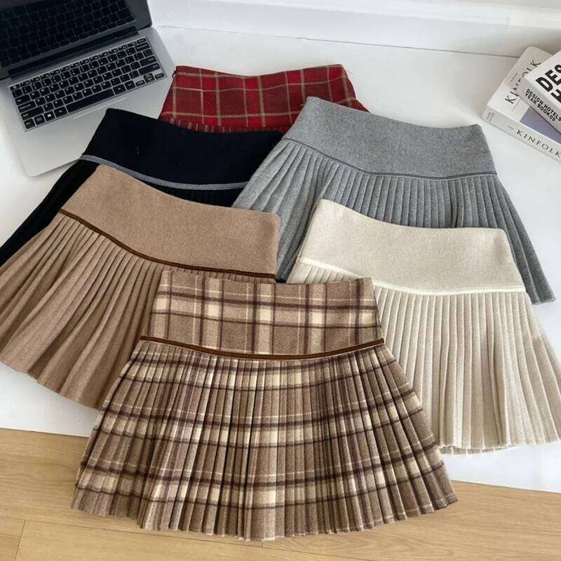 Plaid Pleated Mini Thick Wool Short Skirt High Waist Box-pleat Miniskirt for Women Teen-girl Preppy Style Outfit Z260314