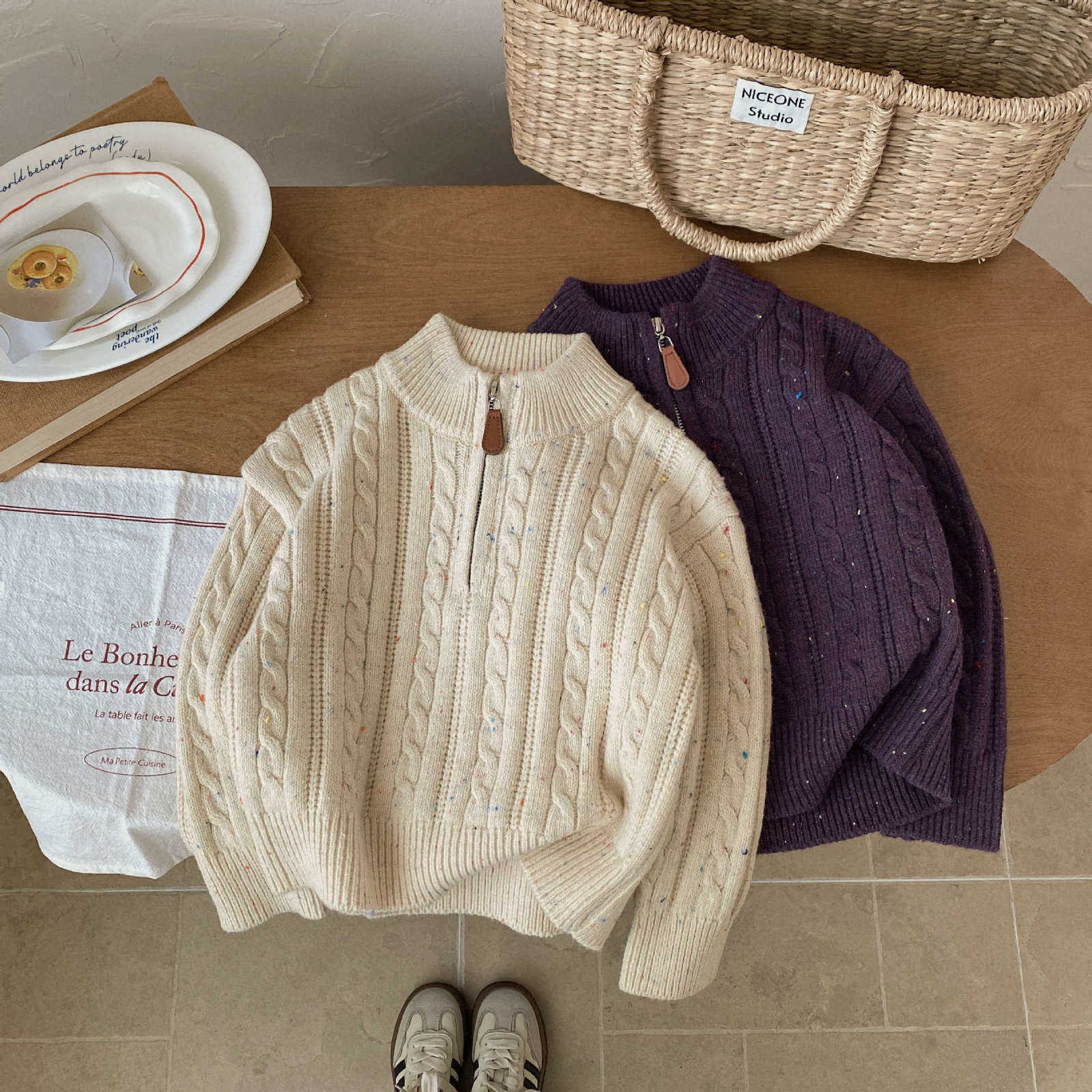 Pullover Autumn/Winter New Children's Sweater with Colorful Dots Half-Zip Cable Knit Pullover, Stylish and Versatile Sweater