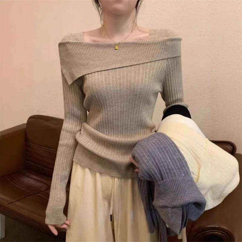 Solid Sexy Slim Off Shoulder Slash Neck Long Sleeve Knitting Sweater Women Jumpers Office Fashion New Z260313