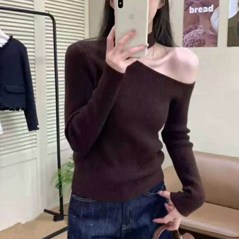 Autumn Korean Style Women Pullover Tops Off Shoulder Long Sleeve Knitted Sweaters Female Jumpers Solid Basic Sweater Z260314