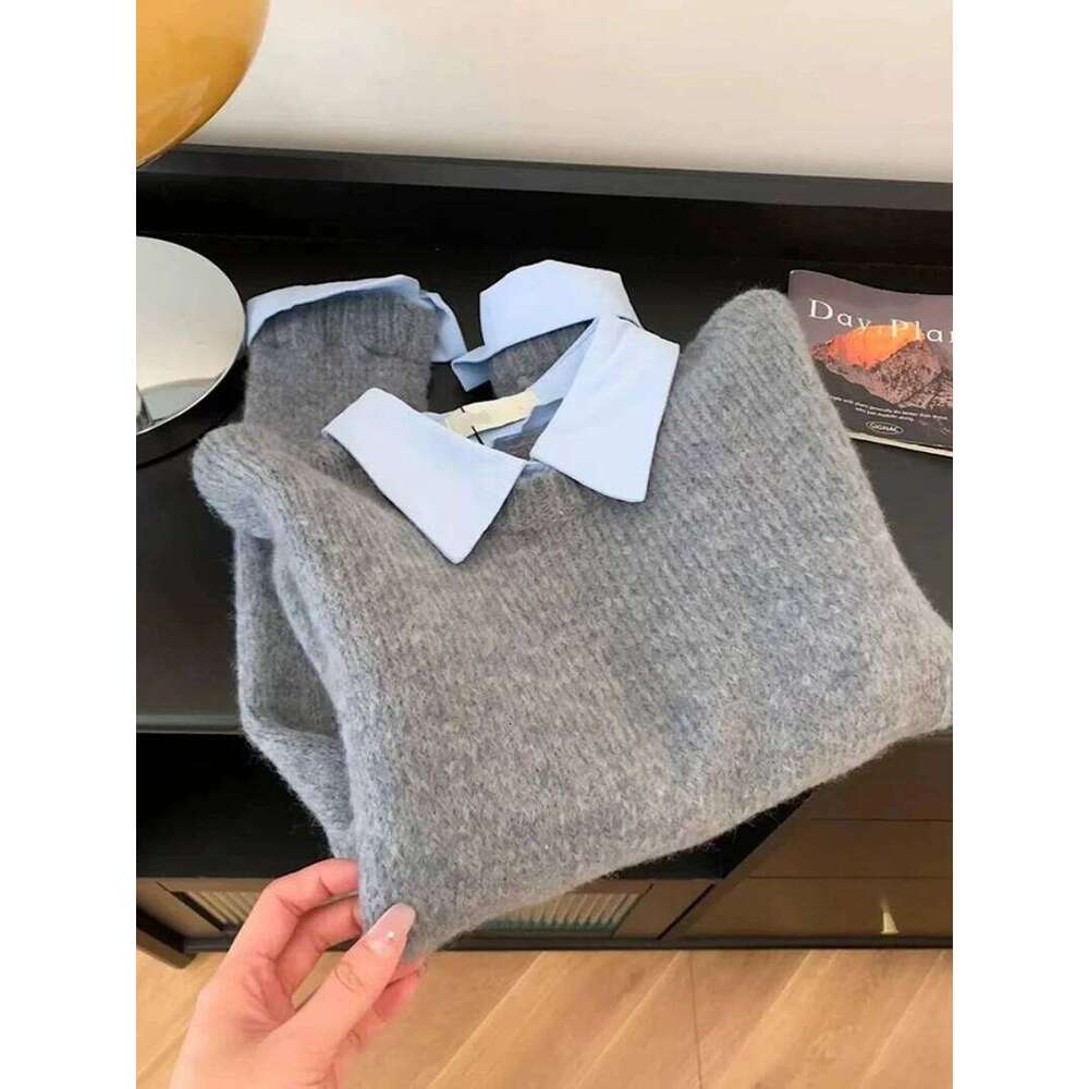 Fake Two Pieces Shirts Collar Sweater Women's Autumn/Winter New Soft Knit Pullover Fashion Dark Grey Warm Top Loose Sweaters Z260313
