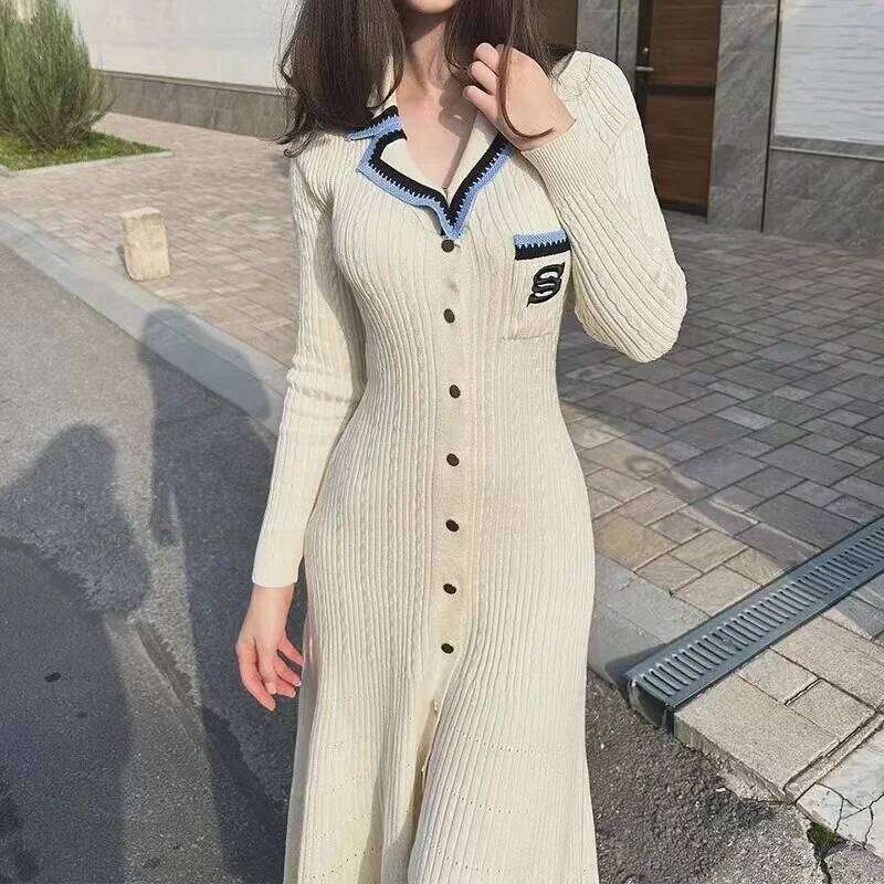 2024 Autumn Elegant Slim Knitted Dress Women's Letter Single Breasted Long Sleeved Vintage Dresses Winter Sweater Z260314