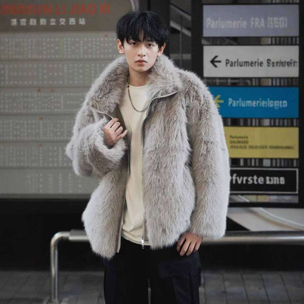 Men's Solid Color Turn-down Collar Long Sleeve Casual Trendy Loose Luxury Faux Fur Coats Winter New Fashion Male Clothes Tops Z260313