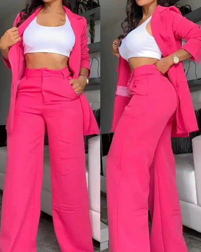 Two Pieces Set for Women Autumn 2024 New Fashion Casual Solid Daily Commuter Notched Collar Blazer Coatpocket Design Pants Set M260313