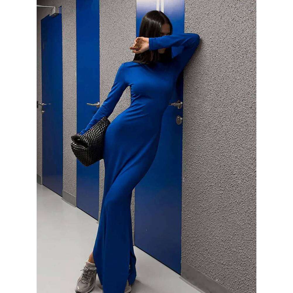 Party Dresses For Women Fashion Sexy Solid Full Sleeves O-Neck Split Bodycon Sheath Long Vestidos Robes Female Elegant Regular Z260313