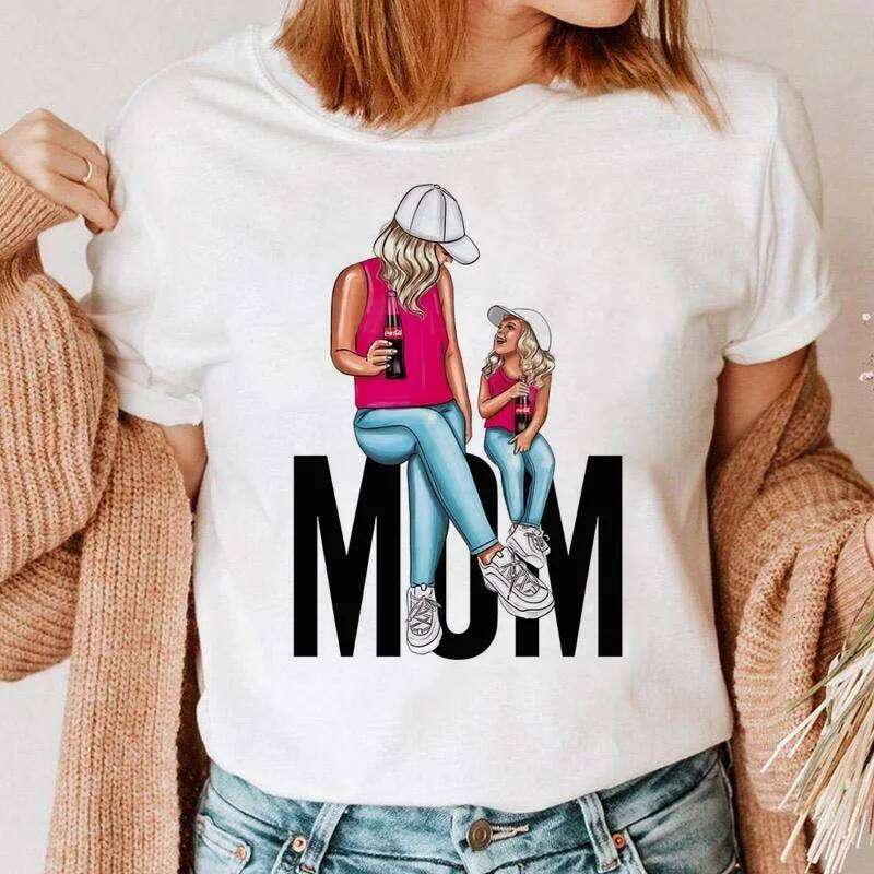 Maycaur Women Cartoon Mom Boy Girl Print Mother Lady T-shirts Casual Top T Shirt Ladies Womens Graphic Female Tee T-Shirt Z260314