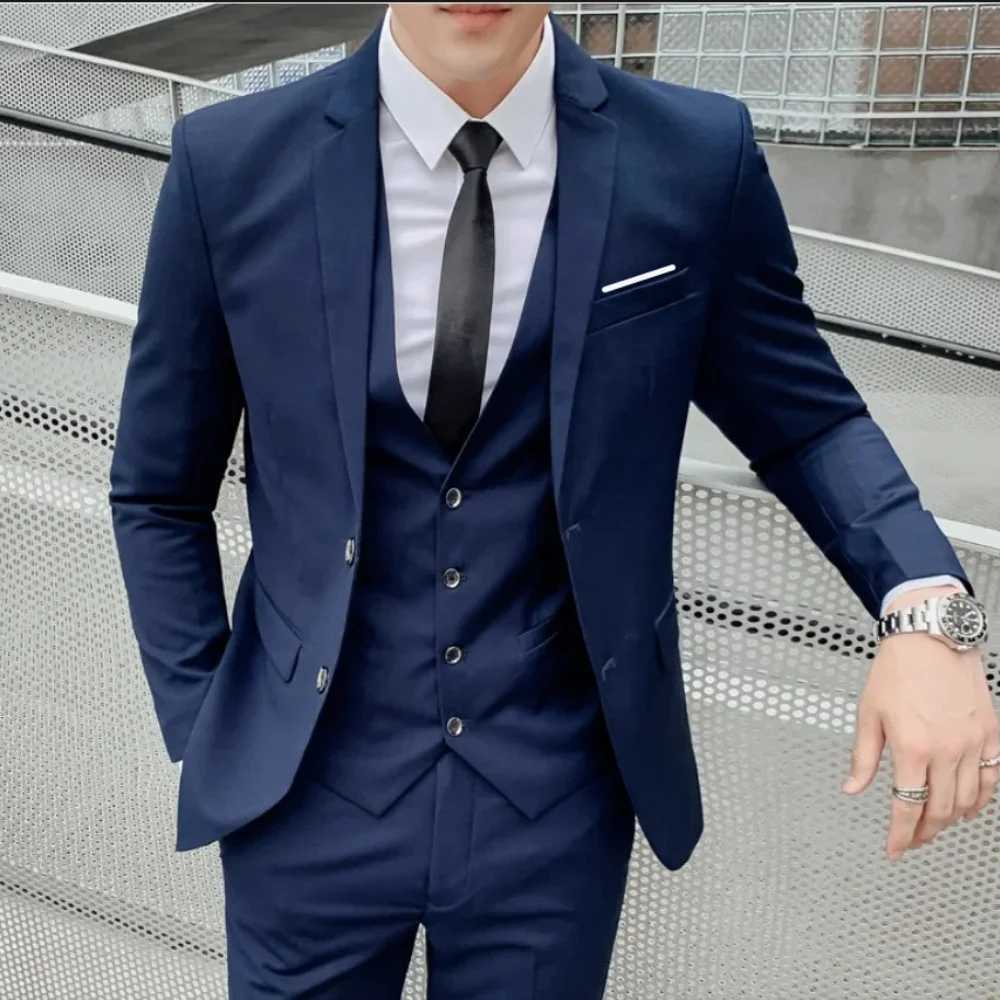 Mens Business Casual Slim-fit Solid Color Blazer Vest Pants Set Outdoor Trendy Wedding Host Formal Wear Terno De Caval M260313